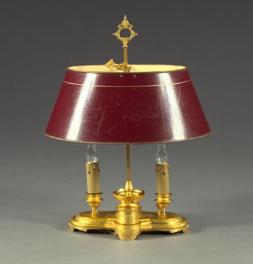 Appraisal: Good Elliptical French Gilt-Brass and Tole-Peinte Two-Light Bouillotte Lamp in