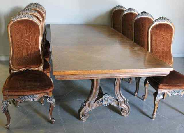 Appraisal: Large Inlaid Trestle Style Table and Chairs With carved base