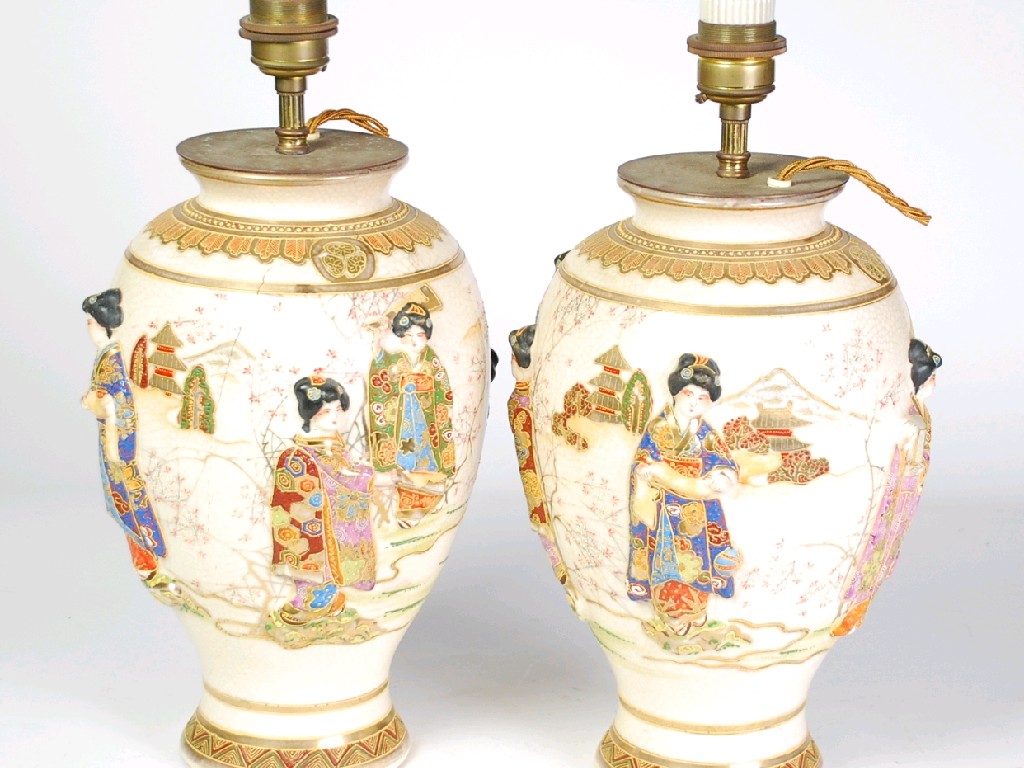 Appraisal: PAIR OF JAPANESE SATSUMA POTTERY TABLE LAMP BASES adapted of