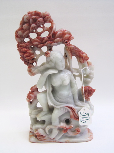 Appraisal: NEPHRITE JADE SCULPTURE a woman with wildlife H x W