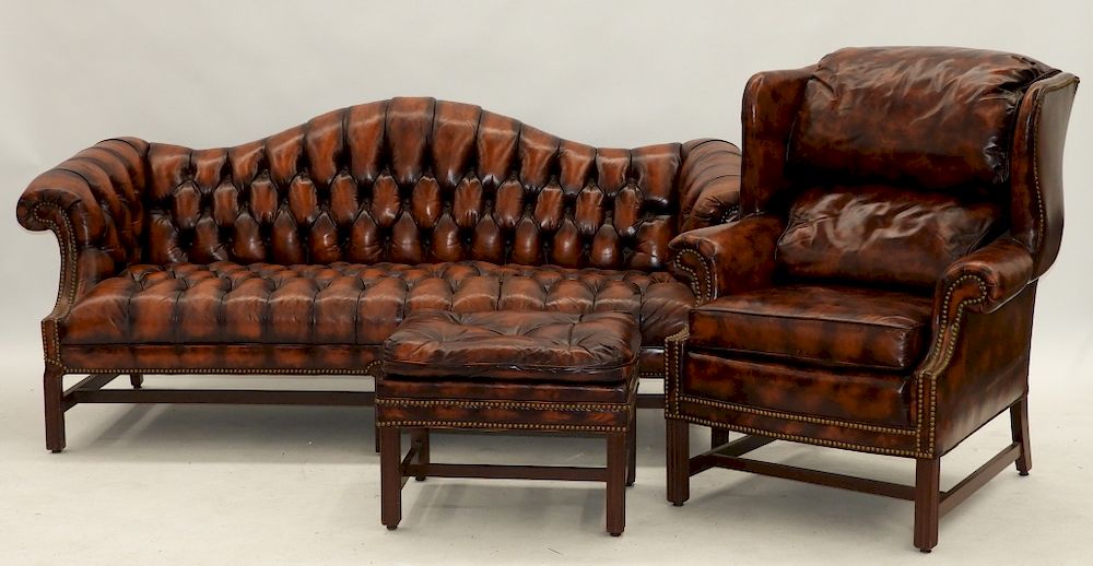 Appraisal: North Hickory Chesterfield Leather Sofa Wing Chair North Carolina th