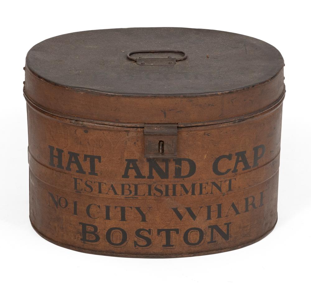 Appraisal: TIN HATBOX TH TH CENTURY HEIGHT WIDTH DEPTH TIN HATBOX