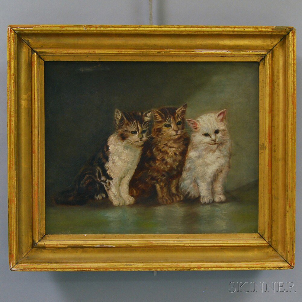 Appraisal: American School th Century Three Cats Unsigned Oil on panel