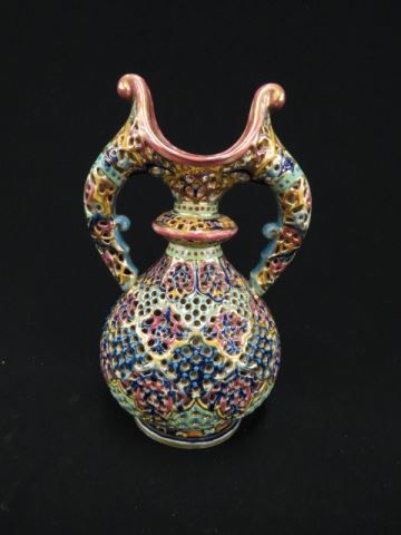 Appraisal: Fischer Hungarian Art Pottery Vase elaborate openwork throughout signed excellent