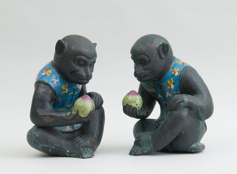 Appraisal: PAIR OF CHINESE CLOISONN MOUNTED COPPER FIGURES OF MONKEYS Each