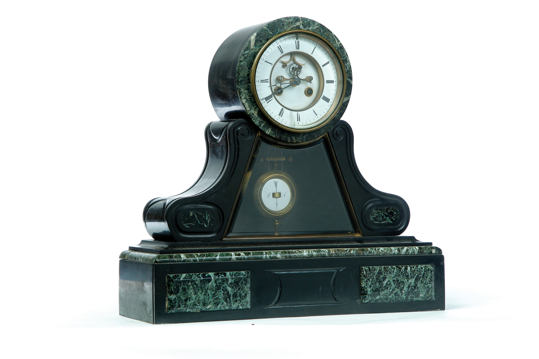 Appraisal: BLACK SLATE WITH GREEN MARBLE TRIM MANTEL CLOCK European th