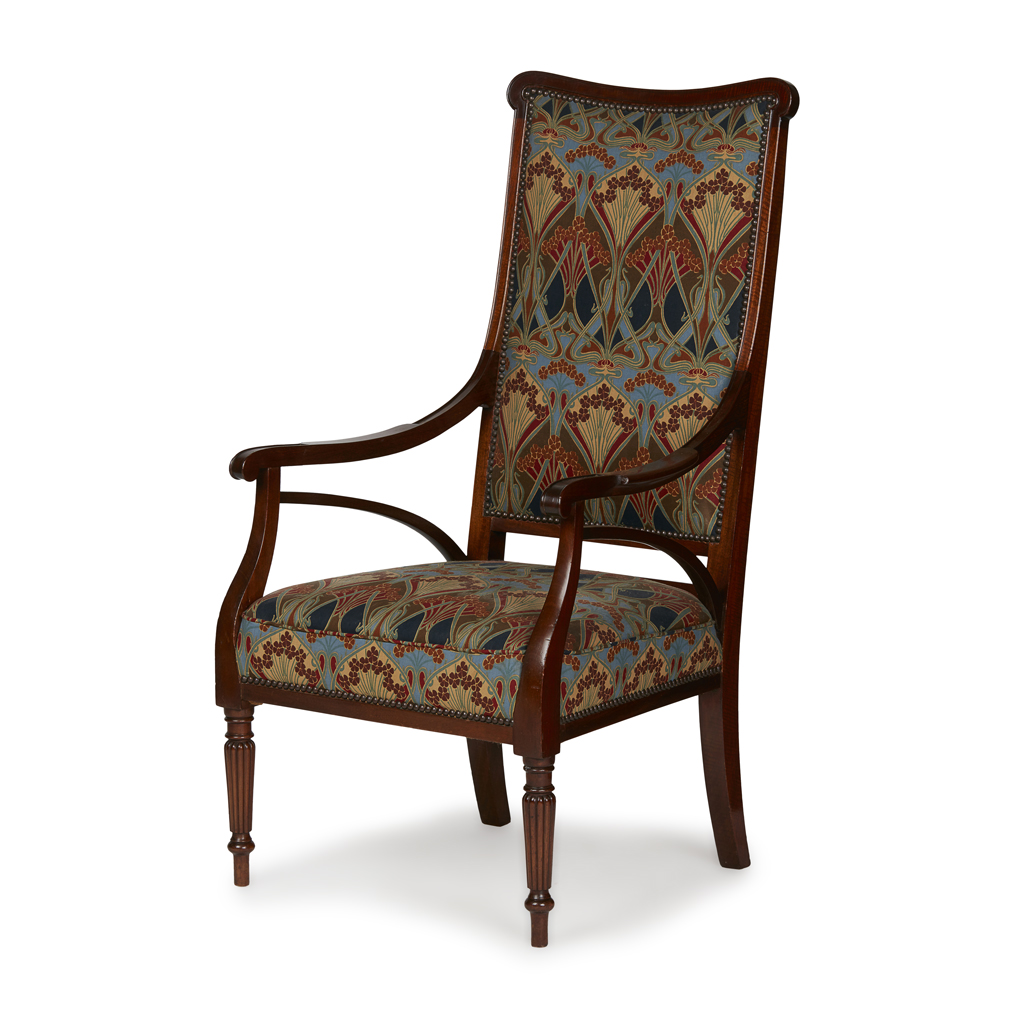 Appraisal: ART NOUVEAU MAHOGANY FRAMED ARMCHAIR CIRCA with later Liberty print