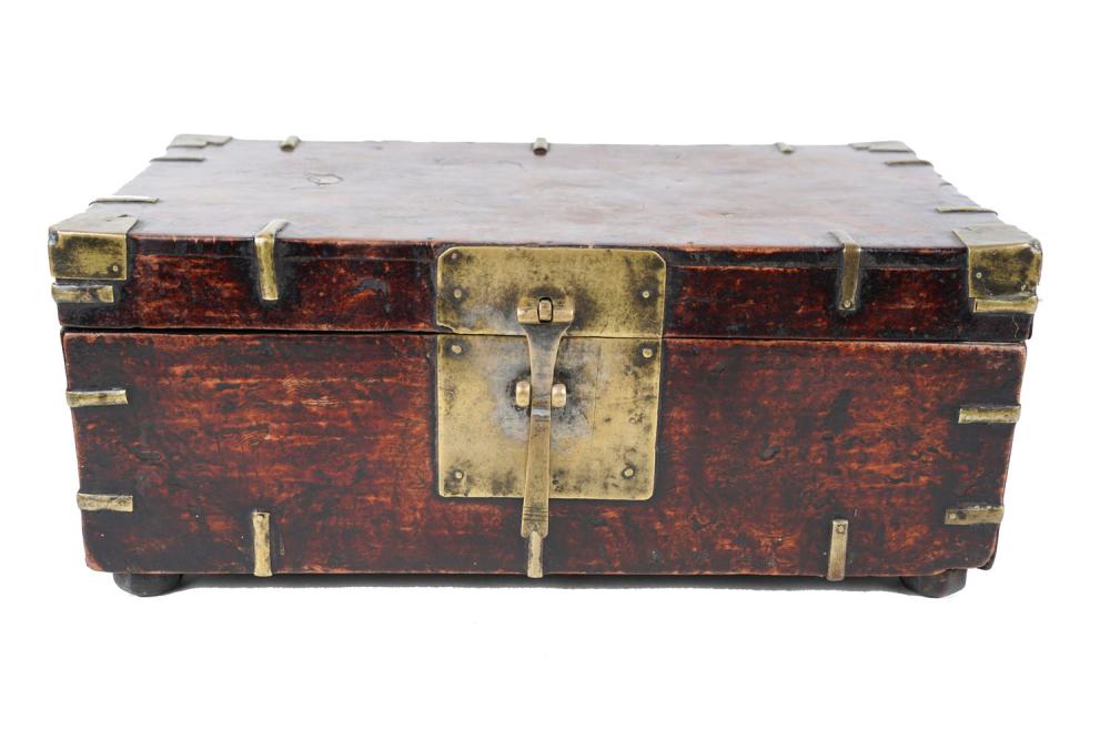 Appraisal: CHINESE BRASS-BOUND SCHOLAR'S BOXwith interior fitted shelf Condition possible veneer