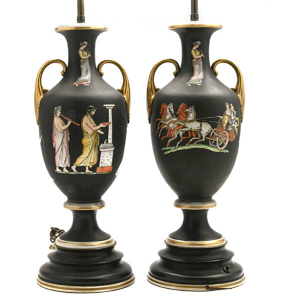 Appraisal: A pair of Roman style porcelain vases now as lamps