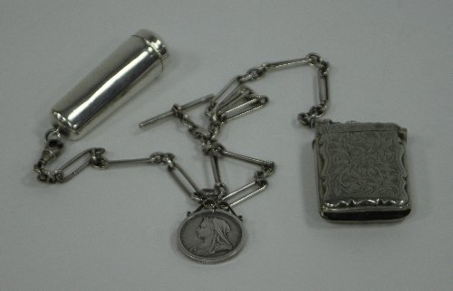 Appraisal: A silver watch chain of fetter-and-three type links hung with