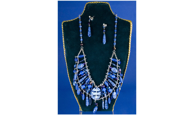 Appraisal: Elaborate Blue Glass Necklace and Earrings beads and drops on