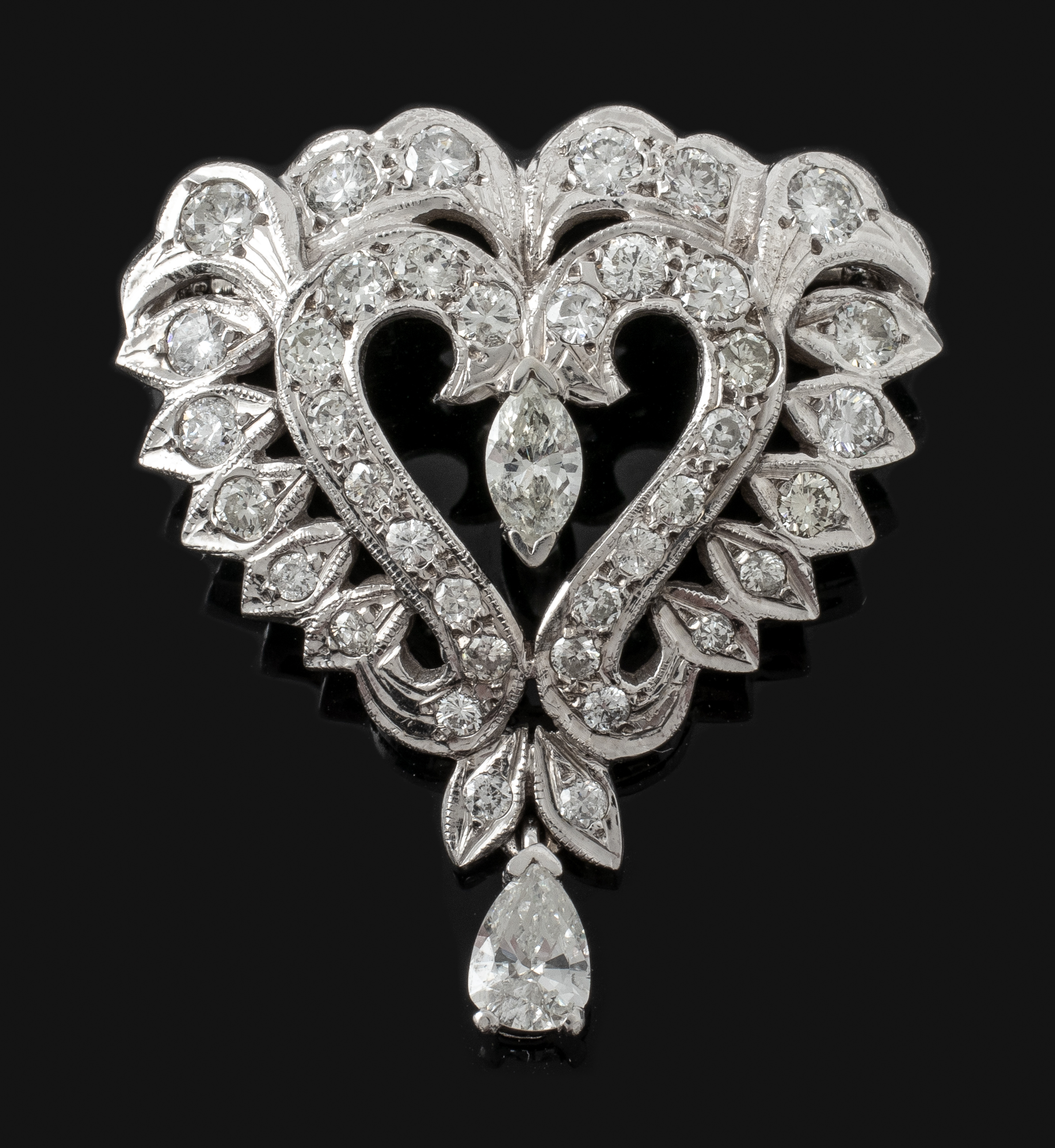 Appraisal: EDWARDIAN ATTR K GOLD DIAMOND HEART DROP BROOCH Edwardian attributed