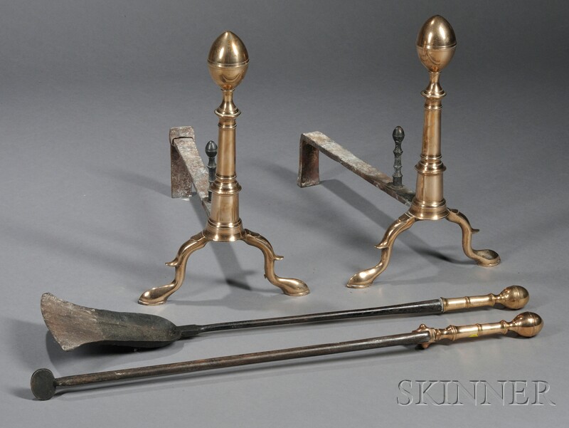 Appraisal: Pair of Bell Metal and Iron Belted Lemon-top Andirons and