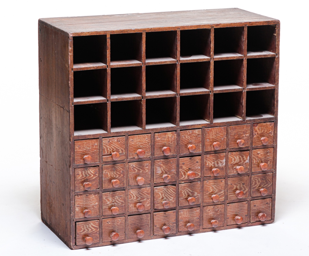 Appraisal: AMERICAN CASE OF DRAWERS AND PIGEON HOLES Ca pine Case