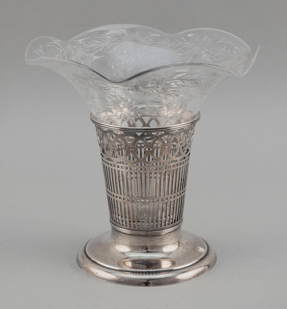 Appraisal: WATSON STERLING SILVER TRUMPET VASE WITH ETCHED GLASS INSERT EARLY