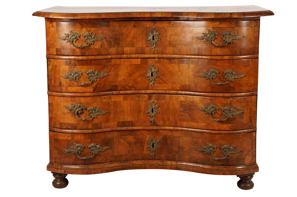 Appraisal: GERMAN WALNUT PARQUETRY COMMODEthe double-curved top inlaid with a central