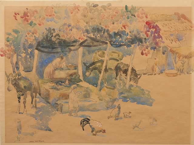 Appraisal: Under the Arbor woman with donkeys watercolor x SLL Hart