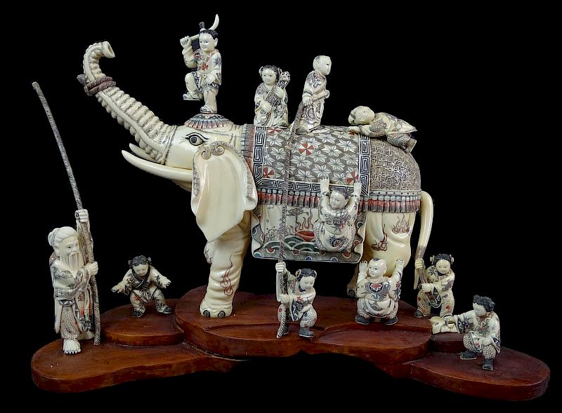 Appraisal: A Large Chinese Export Bone Elephant Group Carving A Large