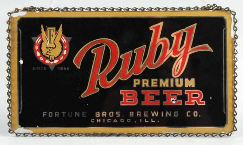 Appraisal: Ruby Premium Beer Reverse Glass Painted Sign Nice chain frame