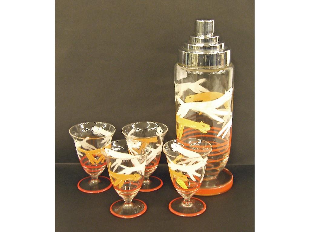 Appraisal: Retro glass cocktail set comprising a chrome topped cocktail shaker