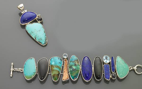 Appraisal: Turquoise Lapis Copper and Gem-Set Bracelet and Pendant A novel