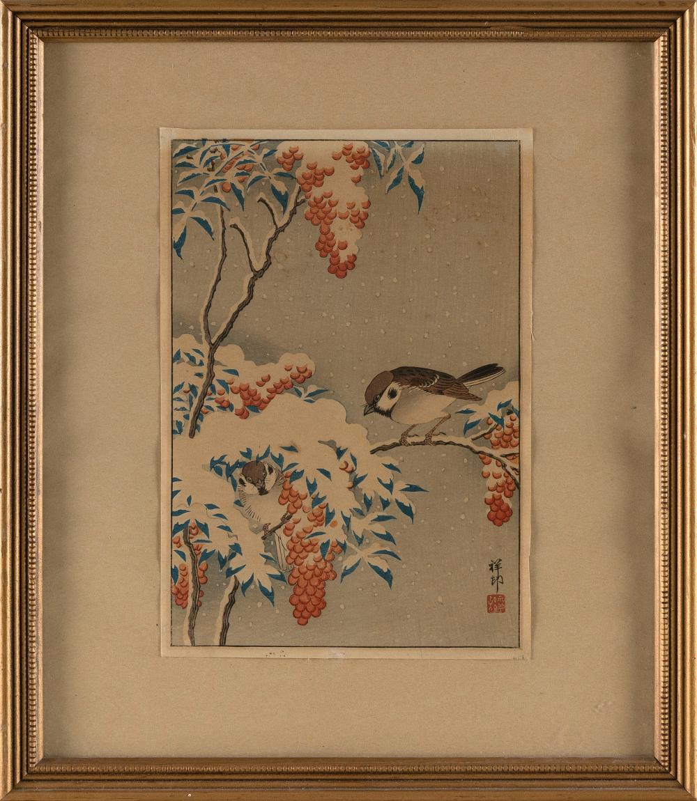 Appraisal: OHARA SHOSON JAPAN - SPARROW ON A SNOW-COVERED BERRY BUSH