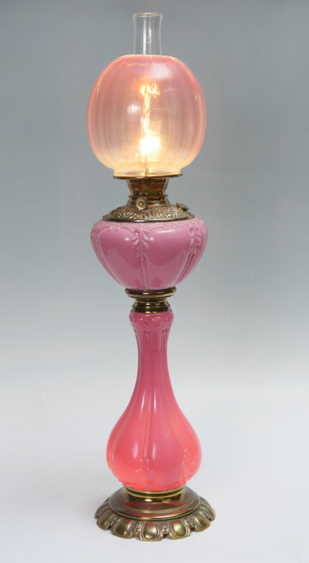 Appraisal: PLUME ATWOOD PINK GLASS OIL LAMP Pink fluted glass with