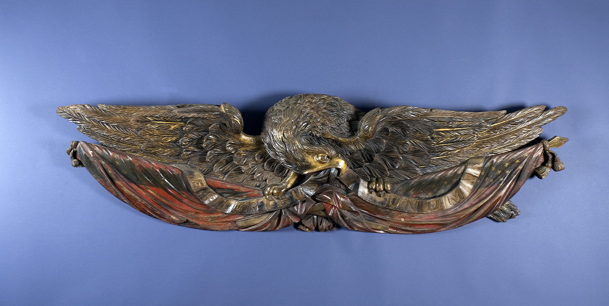 Appraisal: CARVED AND PAINTED AMERICAN EAGLE STERNBOARD NINETEENTH CENTURY The displayed