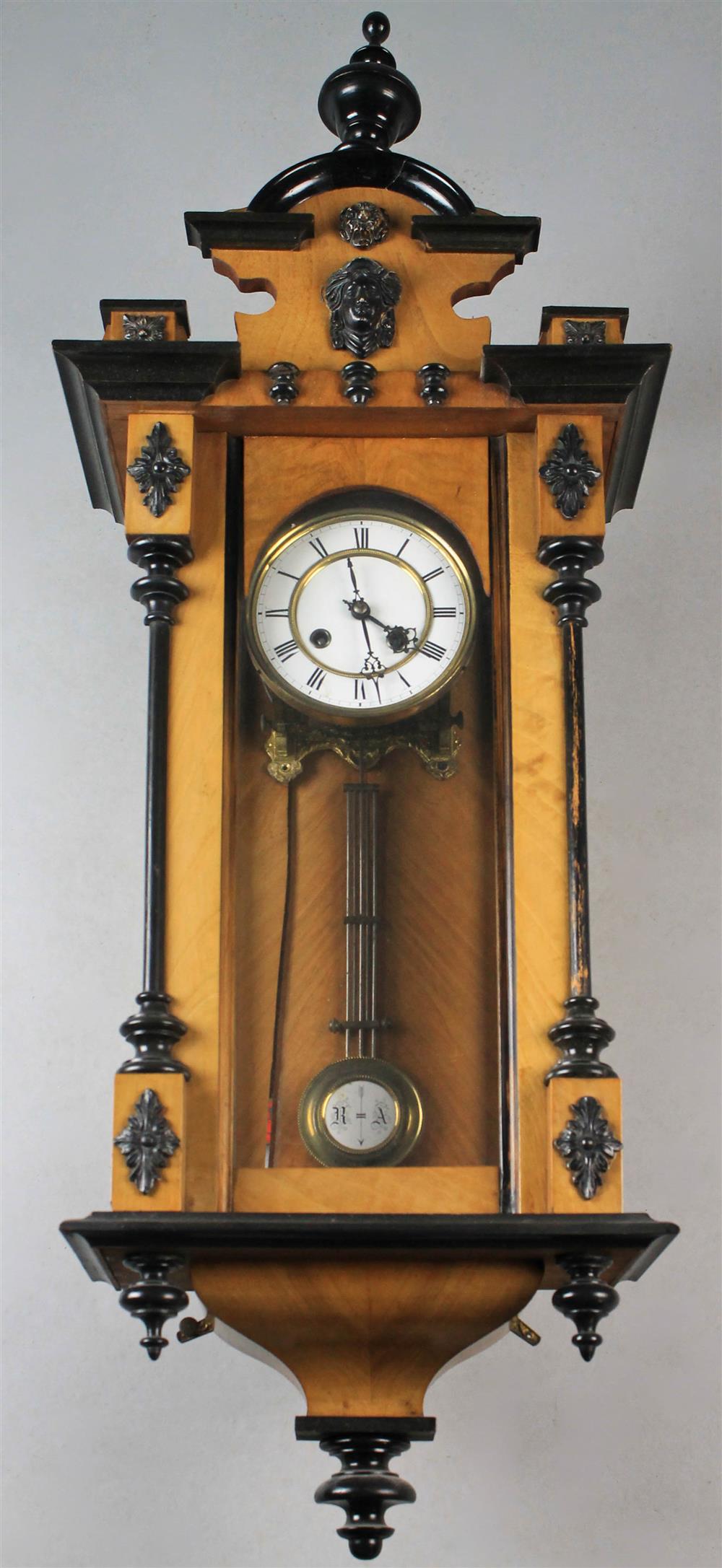 Appraisal: CONTINENTAL CHERRY AND EBONIZED REGULATOR WALL CLOCK finial topped pediment