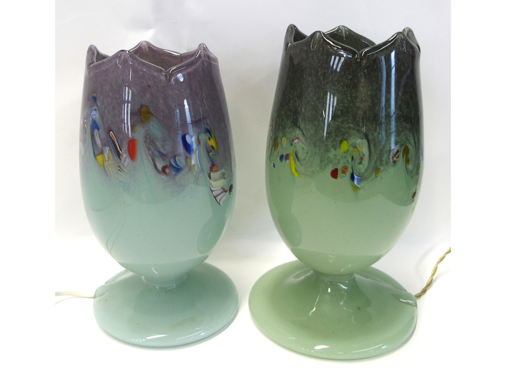 Appraisal: Two Scottish glass tulip lamps one green and pink