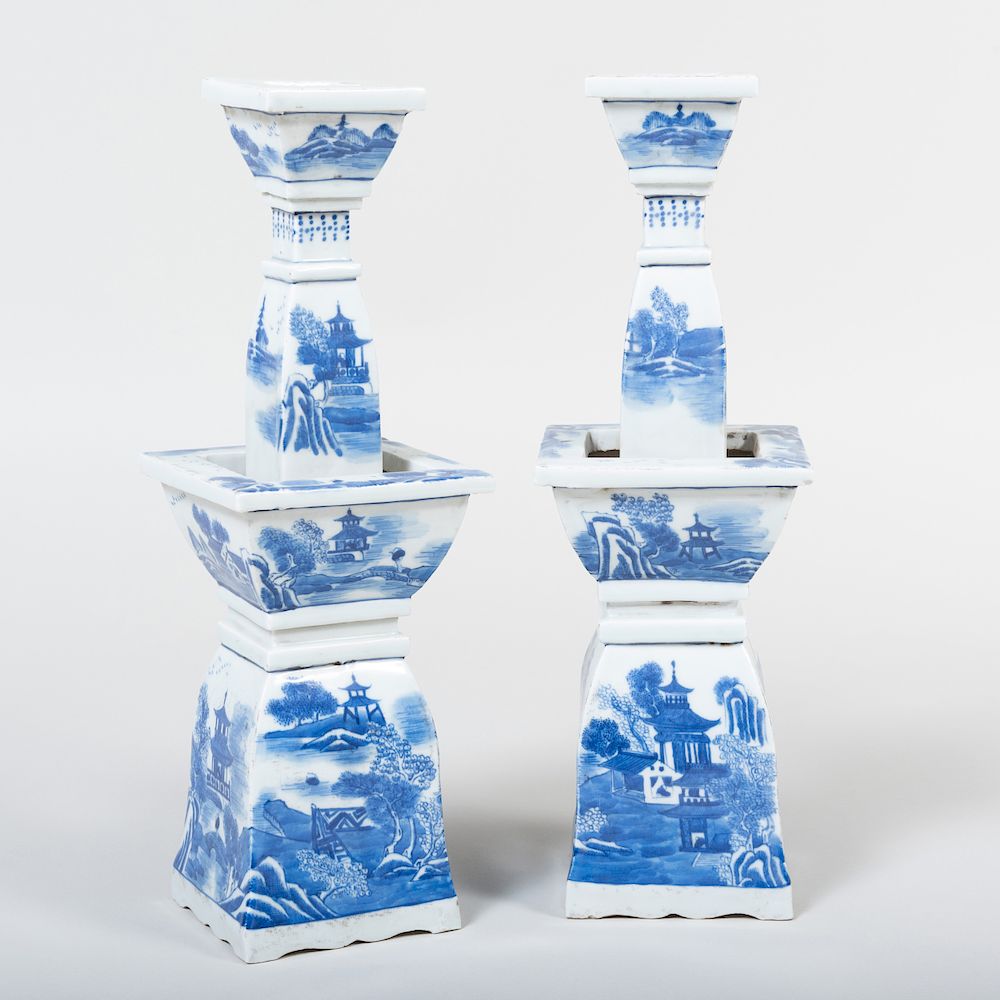 Appraisal: Pair of Chinese Blue and White Porcelain Tapering Candlesticks in