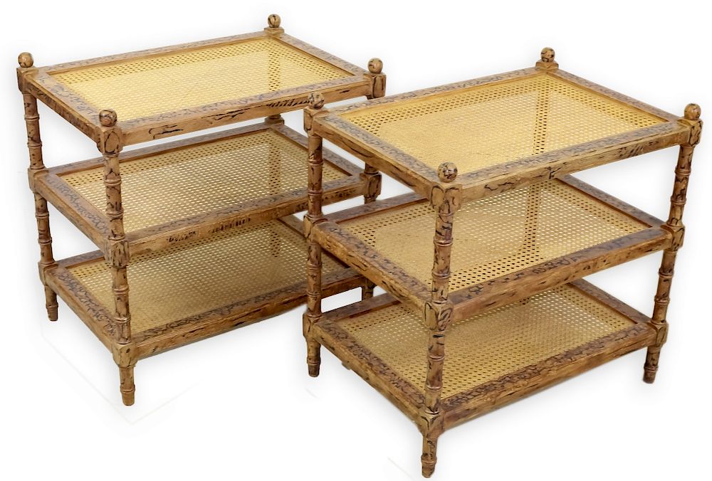 Appraisal: Designer Modern PAIR of Bamboo Tier Stand Tables Pair of