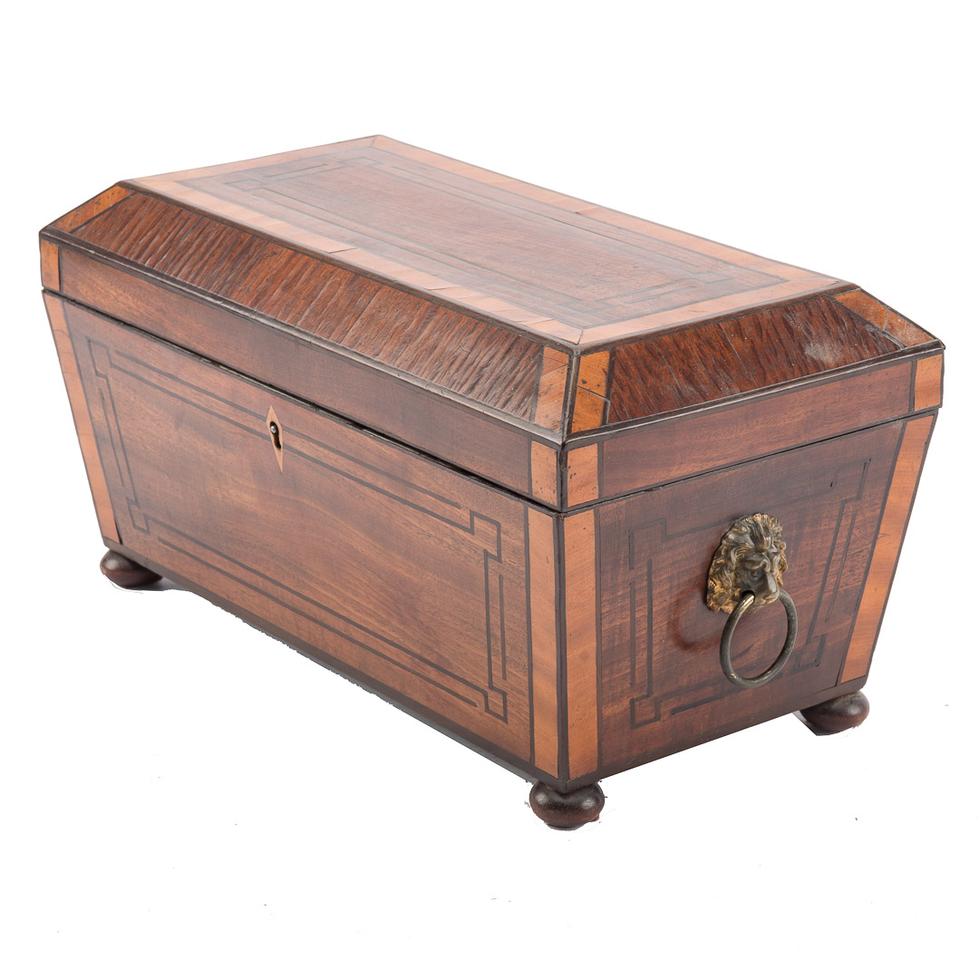 Appraisal: Regency mahogany sarcophagus tea caddy circa with banded inlay interior