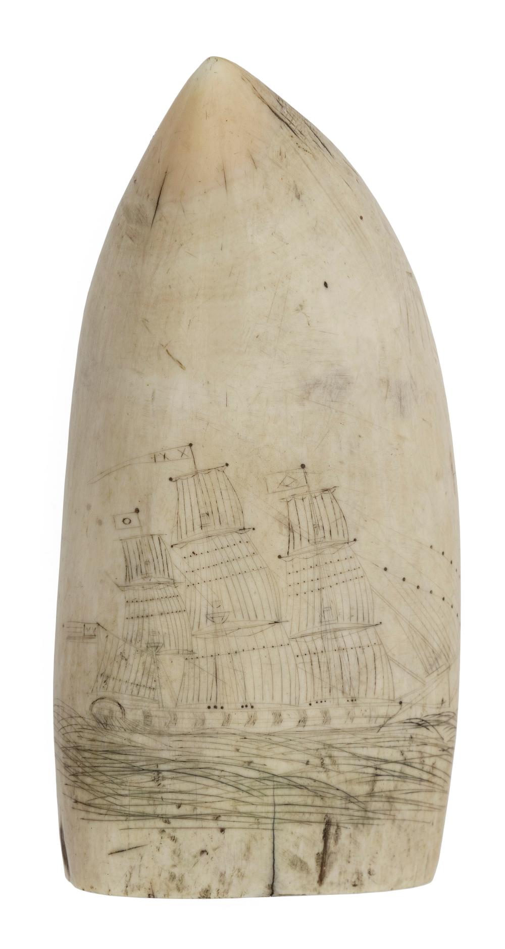 Appraisal: SCRIMSHAW WHALE'S TOOTH WITH SHIP PORTRAIT MID- TH CENTURY LENGTH