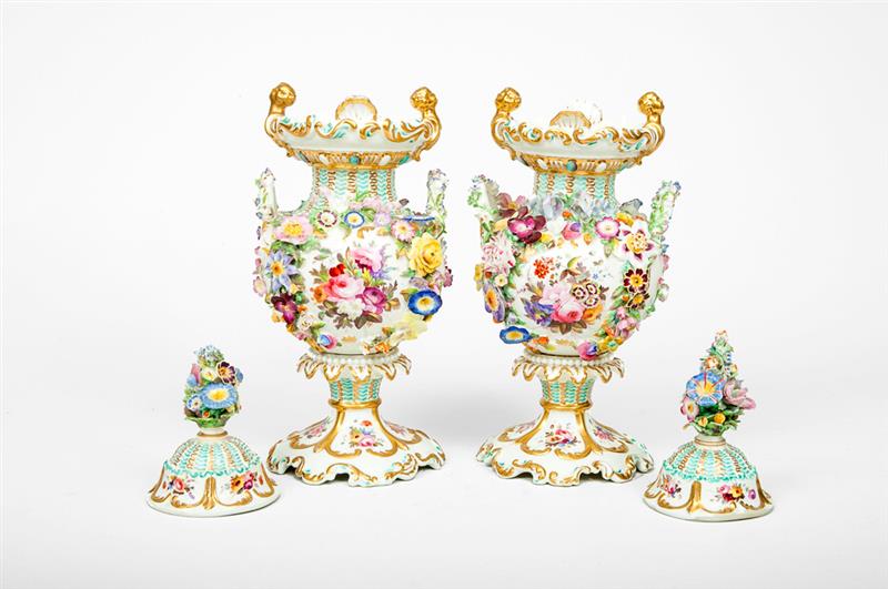 Appraisal: Pair of Chamberlains Worcester Flower-Encrusted Porcelain Two-Handled Vases and Covers