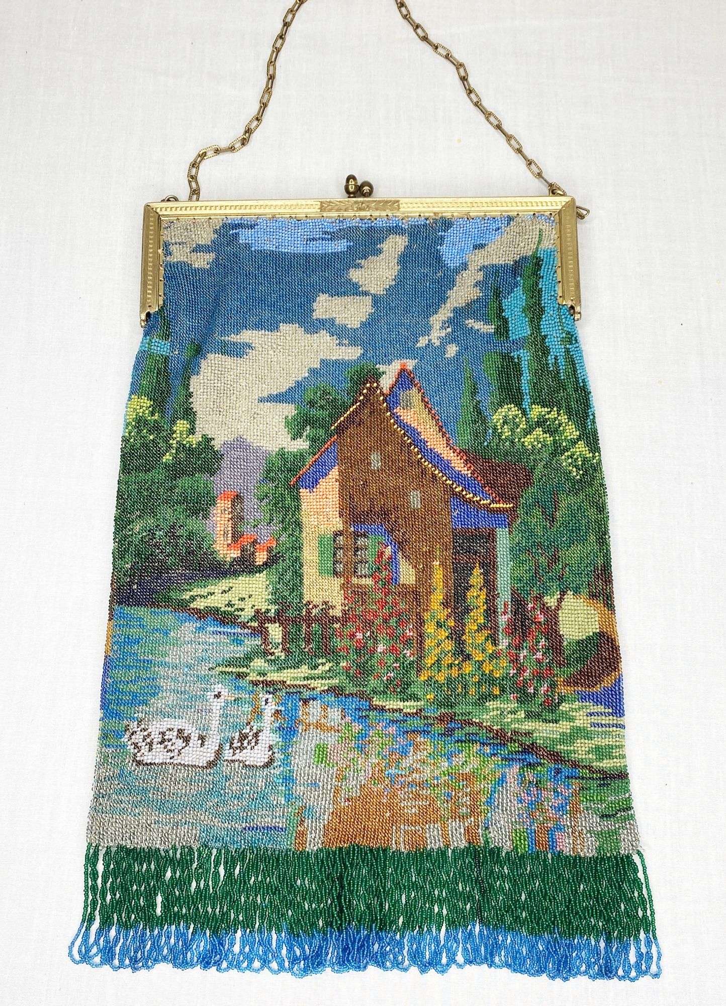 Appraisal: Micro Beaded Hand Bag with Lake Scene long widest Condition