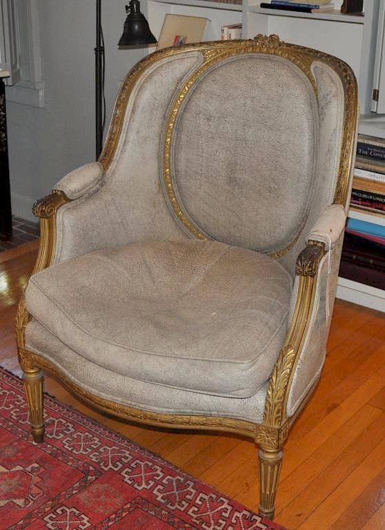 Appraisal: Louis XVI Style Carved Upholstered Bergere Chair with oval panel