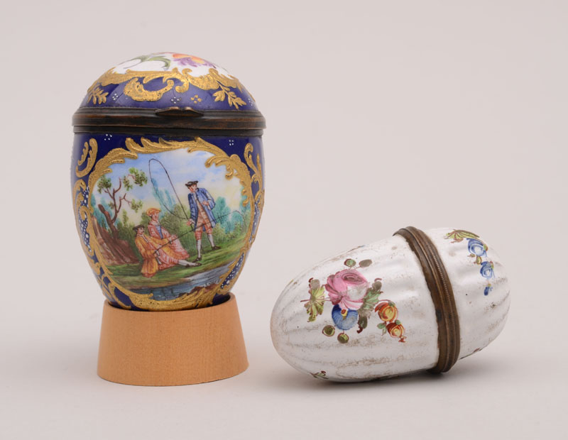 Appraisal: SOUTH STAFFORDSHIRE ENAMEL EGG-FORM BOX AND ANOTHER The one with