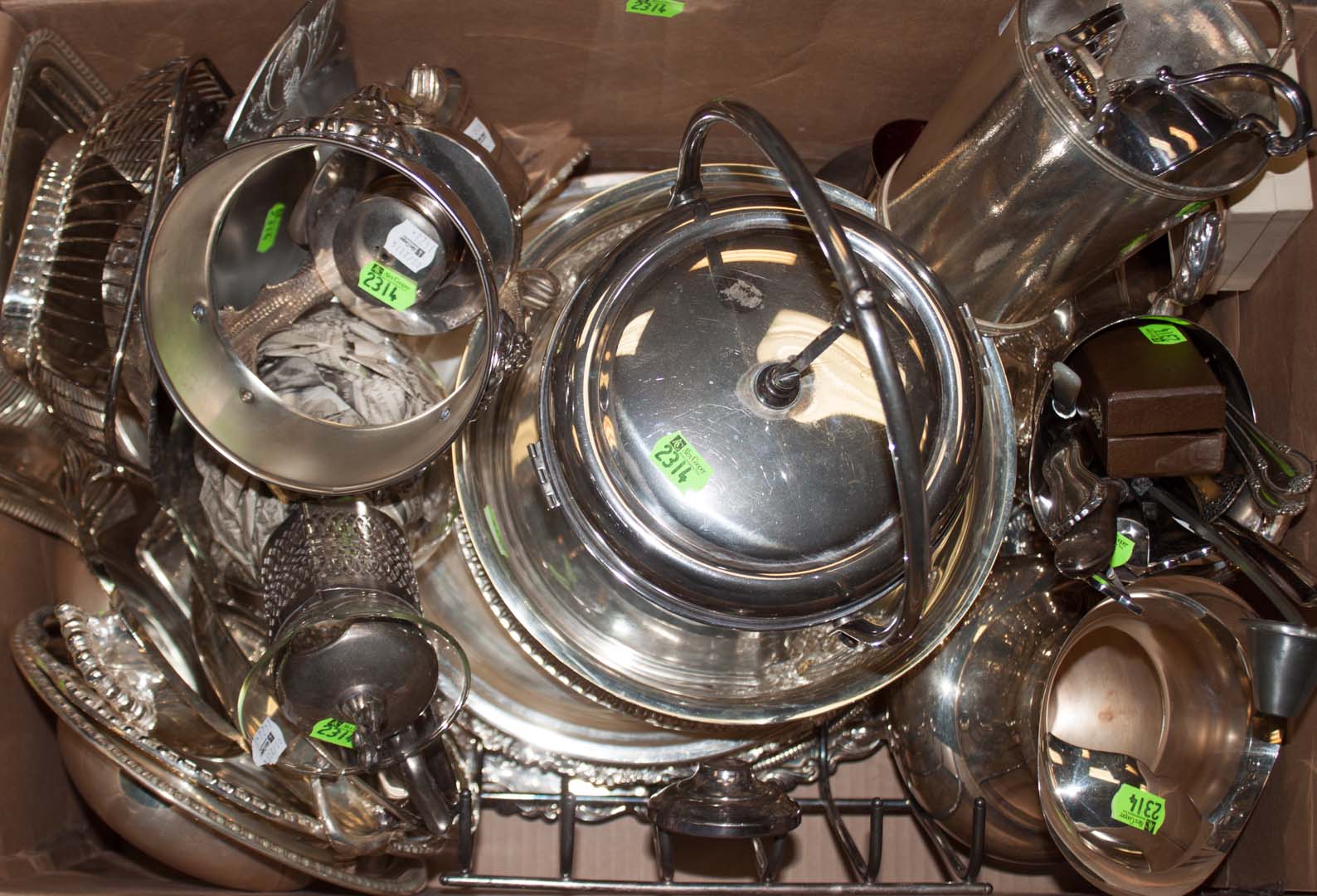 Appraisal: Box of assorted silver-plated ware including covered vegetable dishes trays