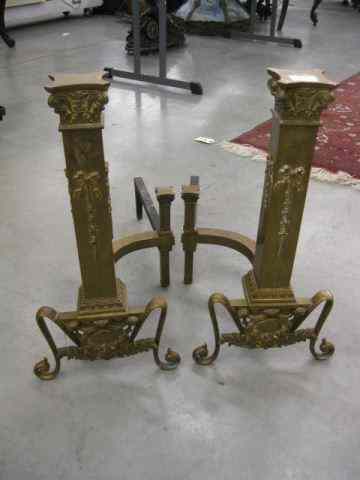 Appraisal: French Victorian Brass Andirons column bow decor '' tall