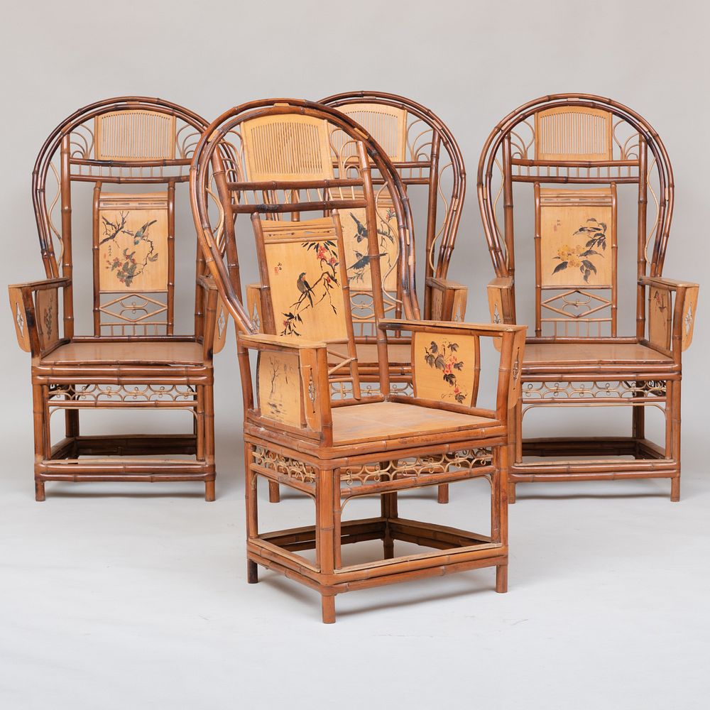 Appraisal: Set of Four Large Chinese Bamboo and Painted Armchairs Each