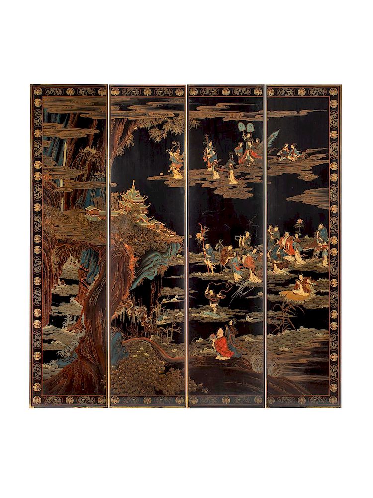 Appraisal: A Chinese Black Lacquer Four-Panel Wall Screen Each panel height