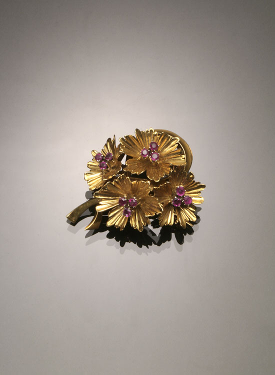 Appraisal: Retro Tested -Karat Yellow-Gold and Ruby Floral Brooch Circa Having