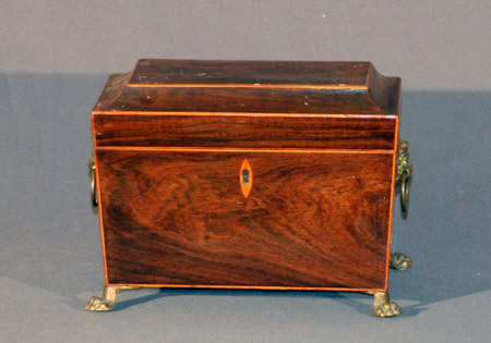 Appraisal: Regency Brass Mounted Satinwood Inlaid Mahogany Sarcophagus-Form Tea Caddy Early