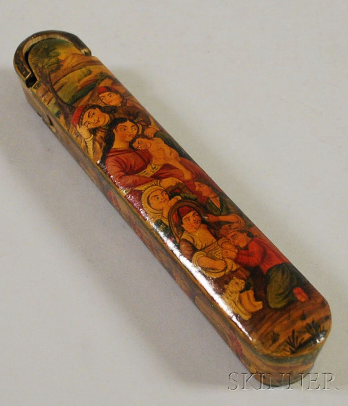 Appraisal: Persian Hand-painted Scenic Decorated Lacquered Composition Pen Case