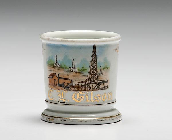 Appraisal: OCCUPATIONAL SHAVING MUG OF OIL DERRICK porcelain with polychrome painted