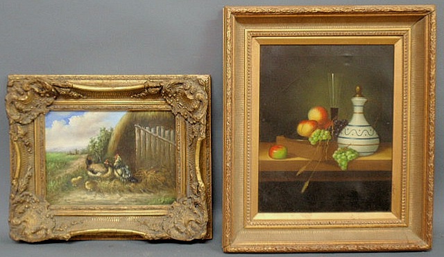 Appraisal: Two contemporary oil paintings late th c landscape with chickens