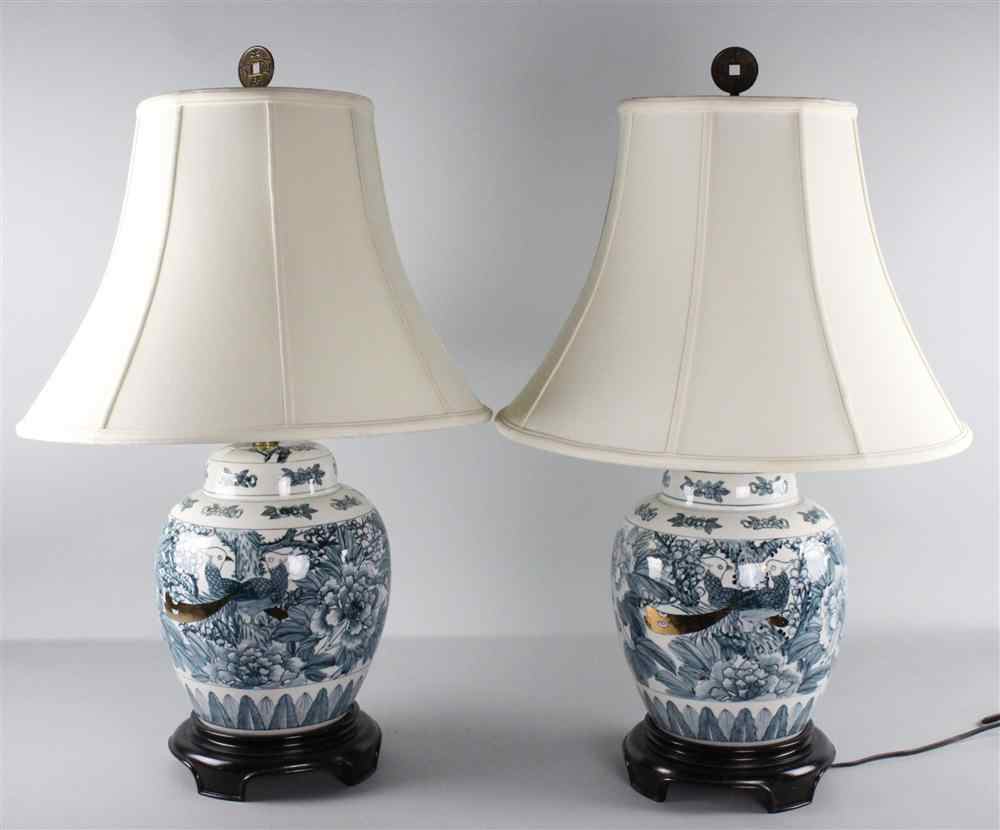 Appraisal: PAIR OF CHINESE PORCELAIN BLUE AND WHITE LAMPS of ginger