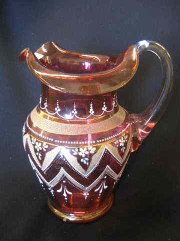 Appraisal: Victorian Enameled Cranberry Art Glass Pitcher floral gold trim ''