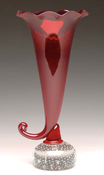 Appraisal: GUNDERSON PAIRPOINT CORNUCOPIA VASE Ruby glass cornucopia with ruffled top